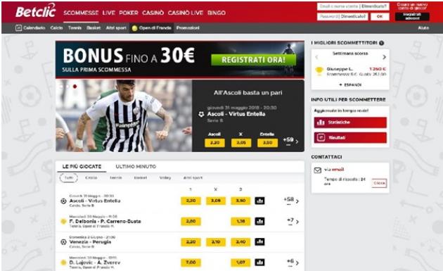 Schermata della piattaforma Betclic che mostra le sezioni sport e casinò